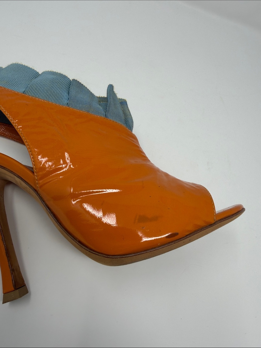 Sergio Rossi Orange Patent Peep-Toe Ruffle Ankle Boots - Picture 7 of 7